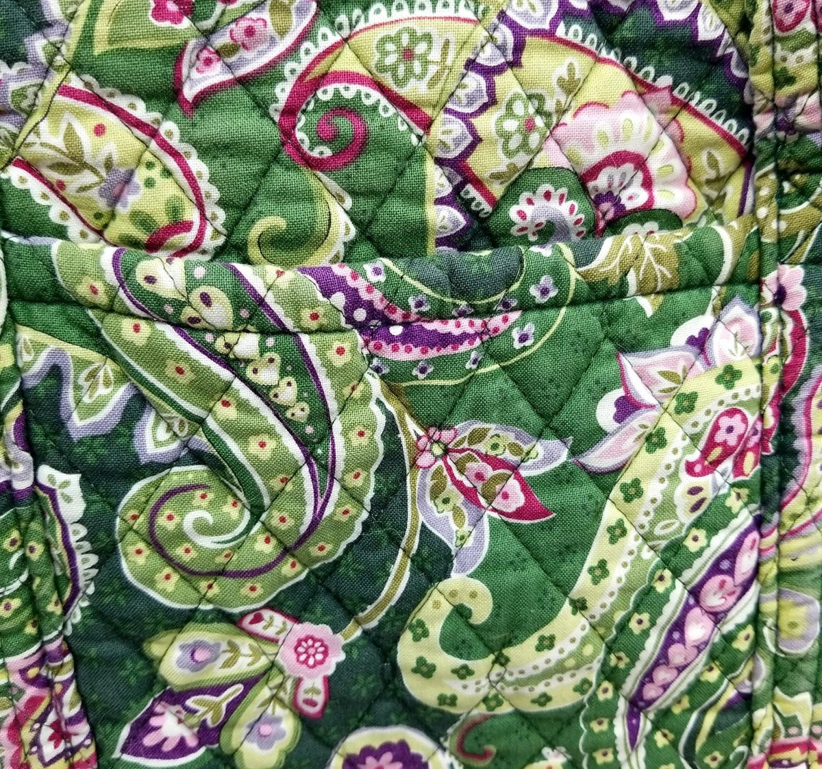 Green multicolor paisley quilted fabric shoulder tote with long straps and exterior pockets, view 3