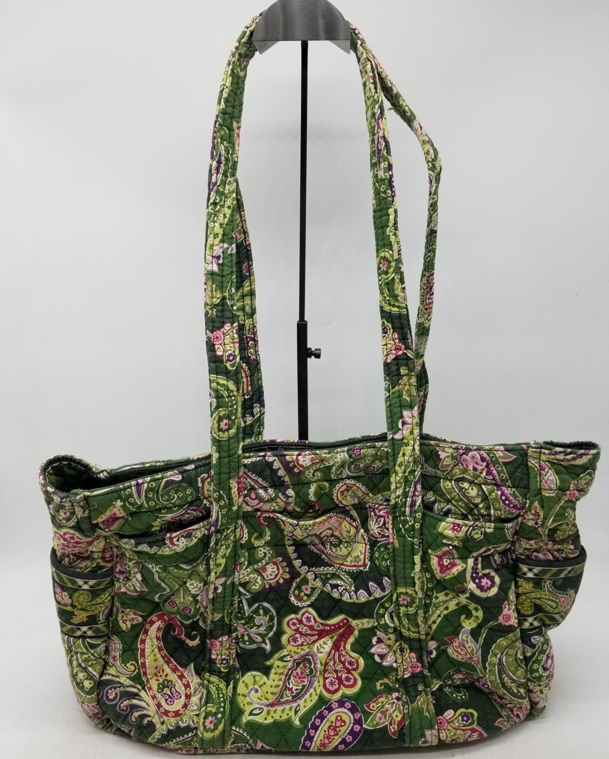 Green multicolor paisley quilted fabric shoulder tote with long straps and exterior pockets, view 4