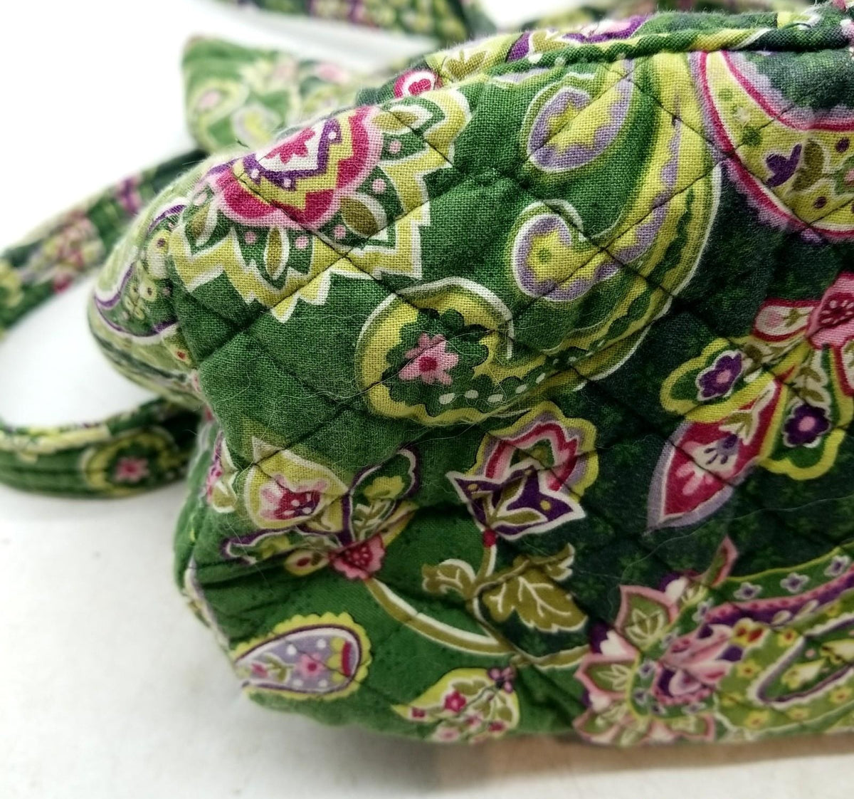Green multicolor paisley quilted fabric shoulder tote with long straps and exterior pockets, view 5