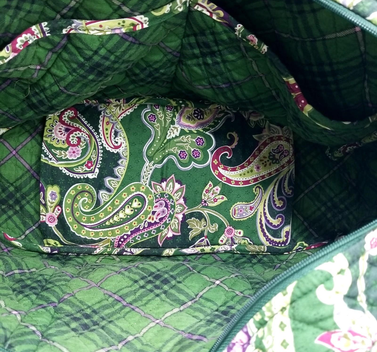 Green multicolor paisley quilted fabric shoulder tote with long straps and exterior pockets, view 6