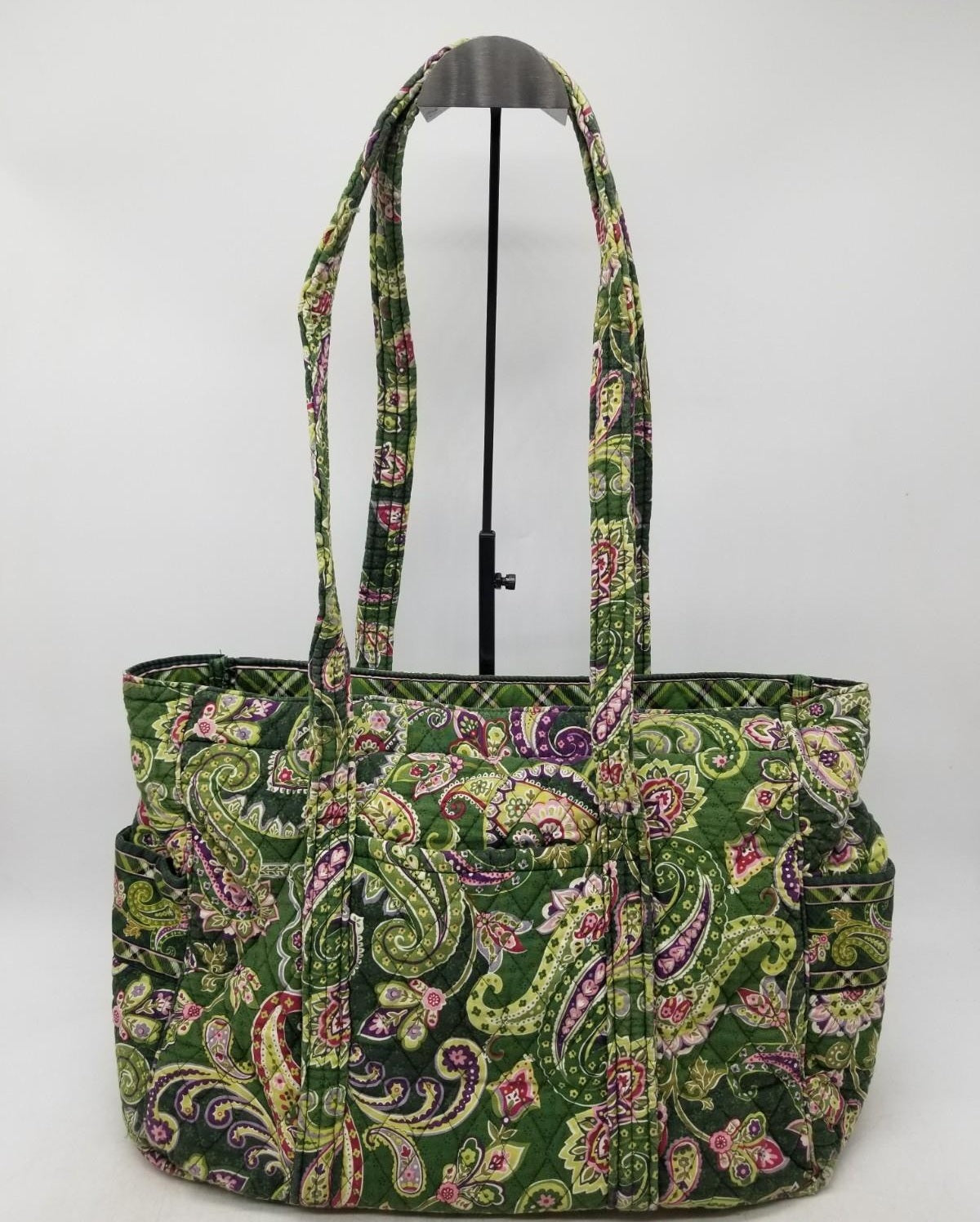 Green multicolor paisley quilted fabric shoulder tote with long straps and exterior pockets, view 7