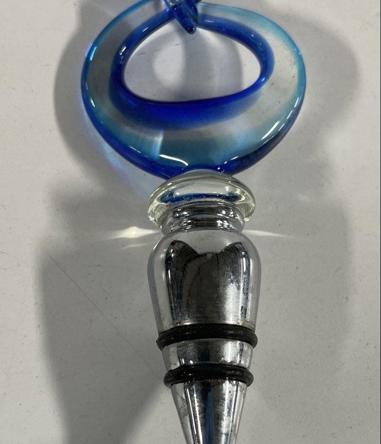 Murano-Style Blue Swirl Art Glass Bottle Stopper, Hand Blown Wine Stopper in Box