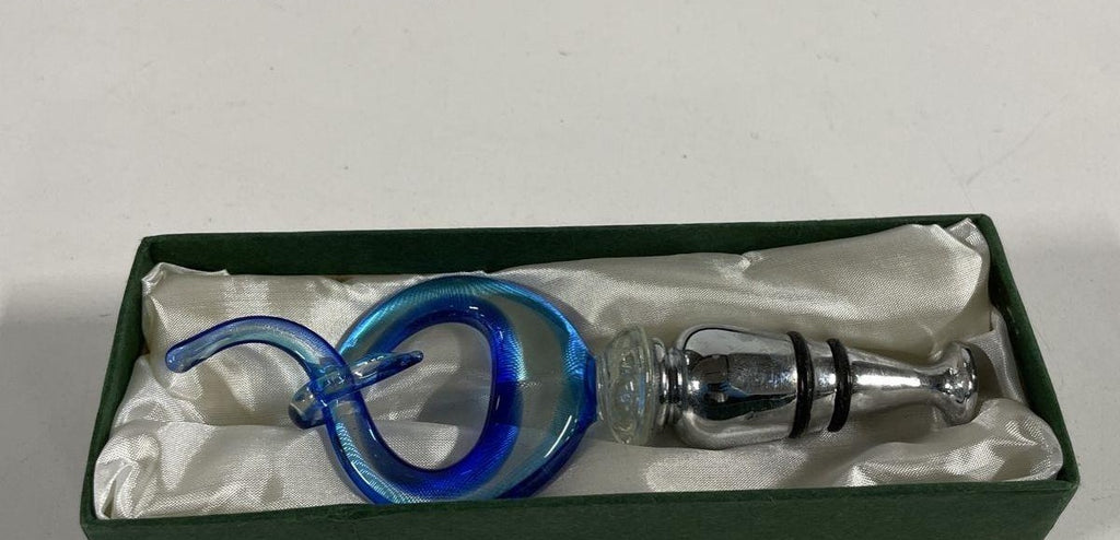 Murano-Style Blue Swirl Art Glass Bottle Stopper, Hand Blown Wine Stopper in Box
