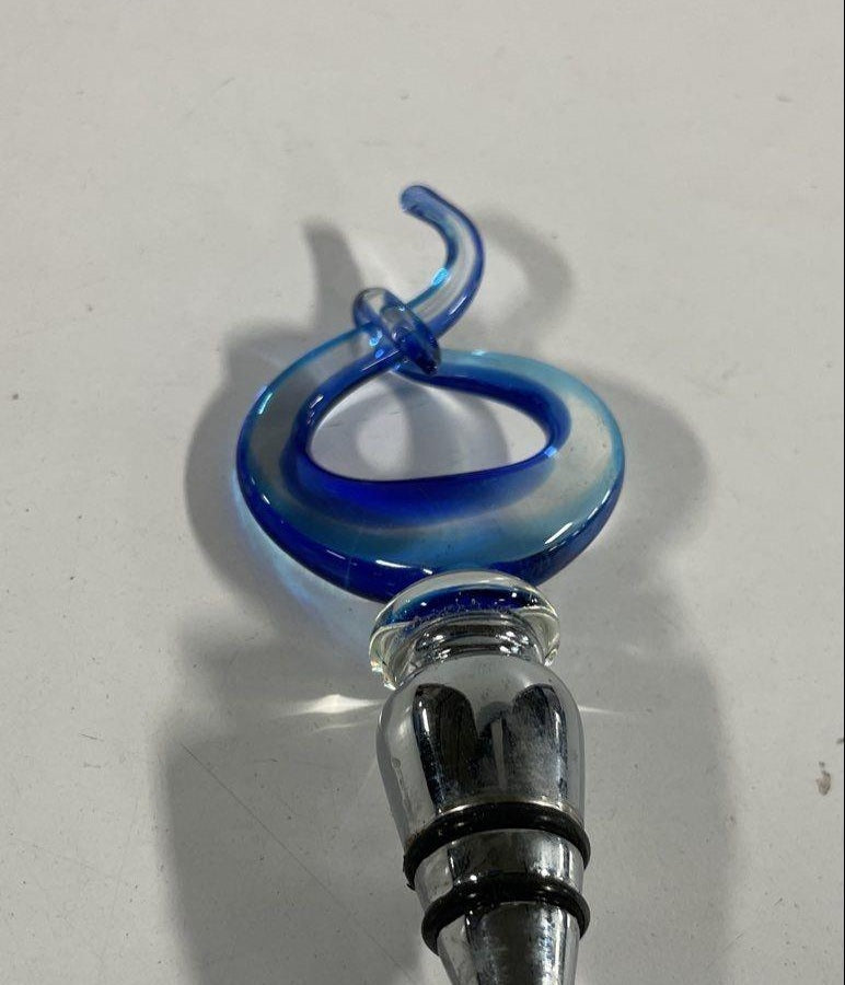 Murano-Style Blue Swirl Art Glass Bottle Stopper, Hand Blown Wine Stopper in Box