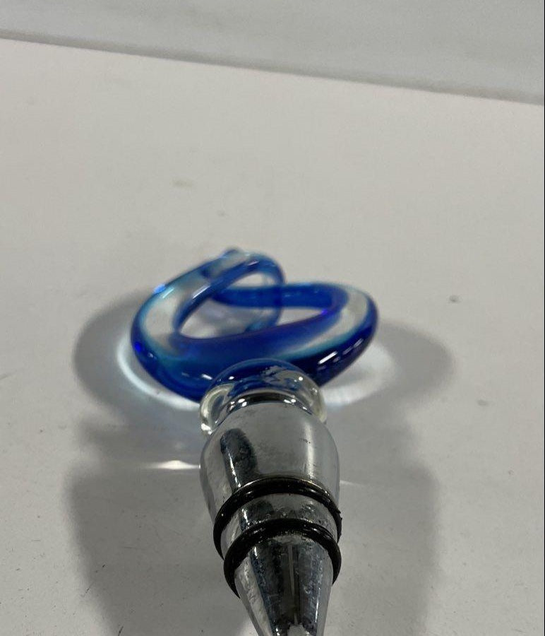 Murano-Style Blue Swirl Art Glass Bottle Stopper, Hand Blown Wine Stopper in Box
