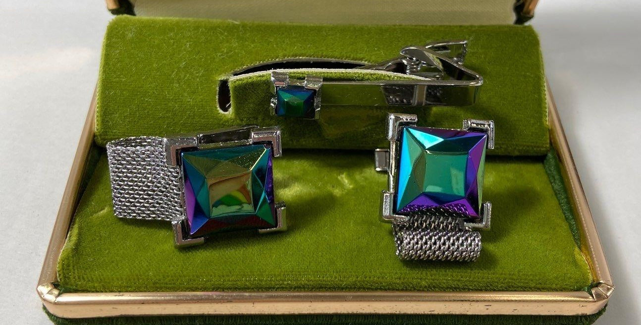 Vintage Silver Tone Iridescent Square Cut Glass Tie Clip and Cufflinks Set