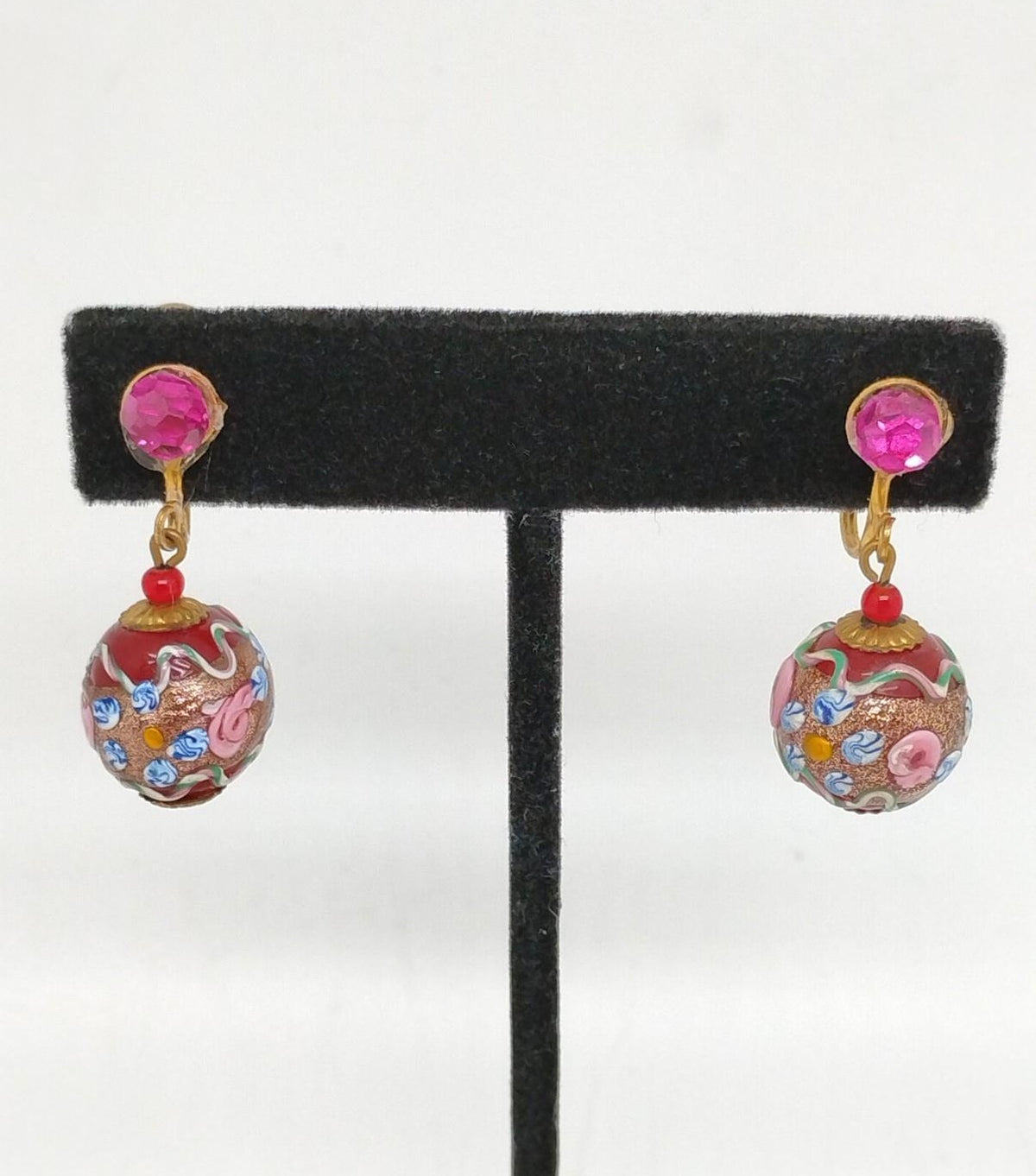 Wedding cake glass dangle earrings with colorful floral decoration and pink stones, view 6