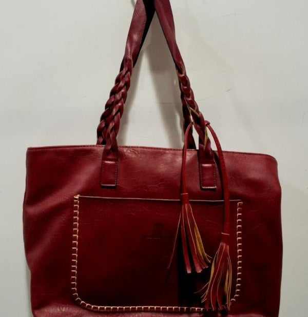 Weimeibaige Red Leather Tote Bag, Large Structured Shoulder Handbag with Braided Handles