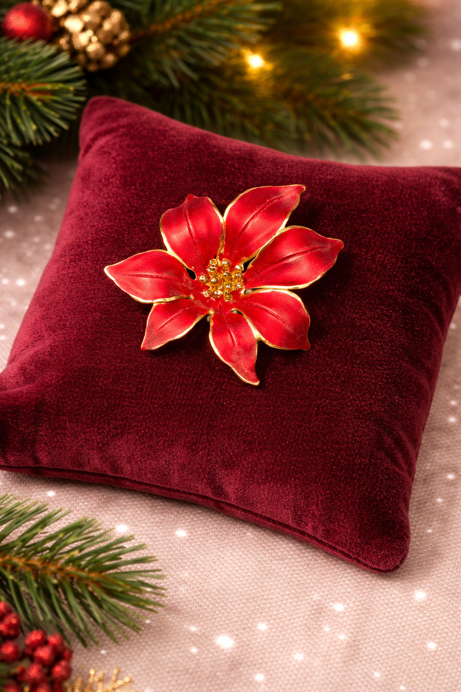 Signed Cerrito gold-tone poinsettia brooch with layered red enamel petals and bead center
