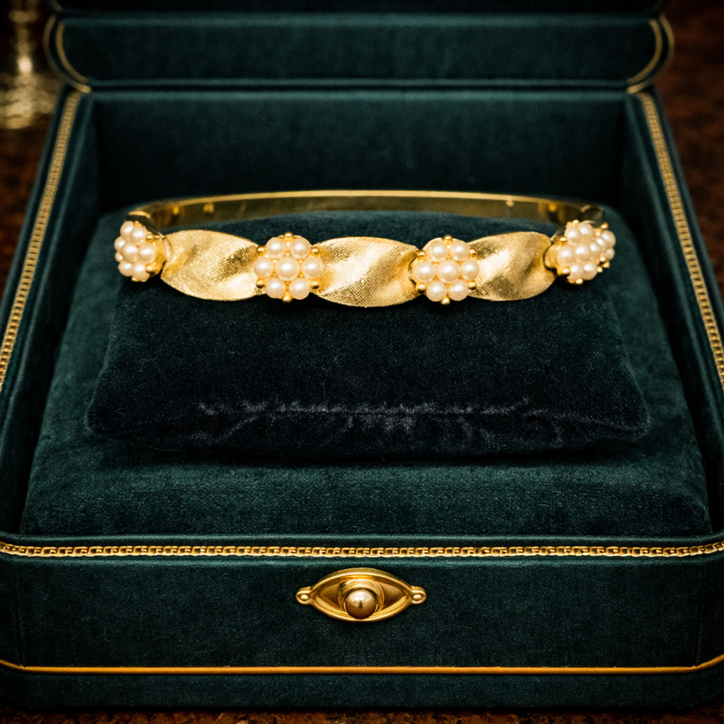 Vintage Trifari Gold Tone Ribbon Link Bracelet with UV Reactive Faux Pearls, Textured Satin Finish, Classic Estate Designer Style