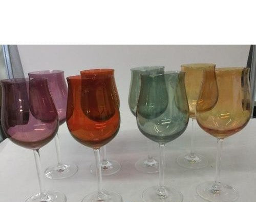 Eight long-stem wine glasses with green, orange, purple and red bowls and clear stems, view 6