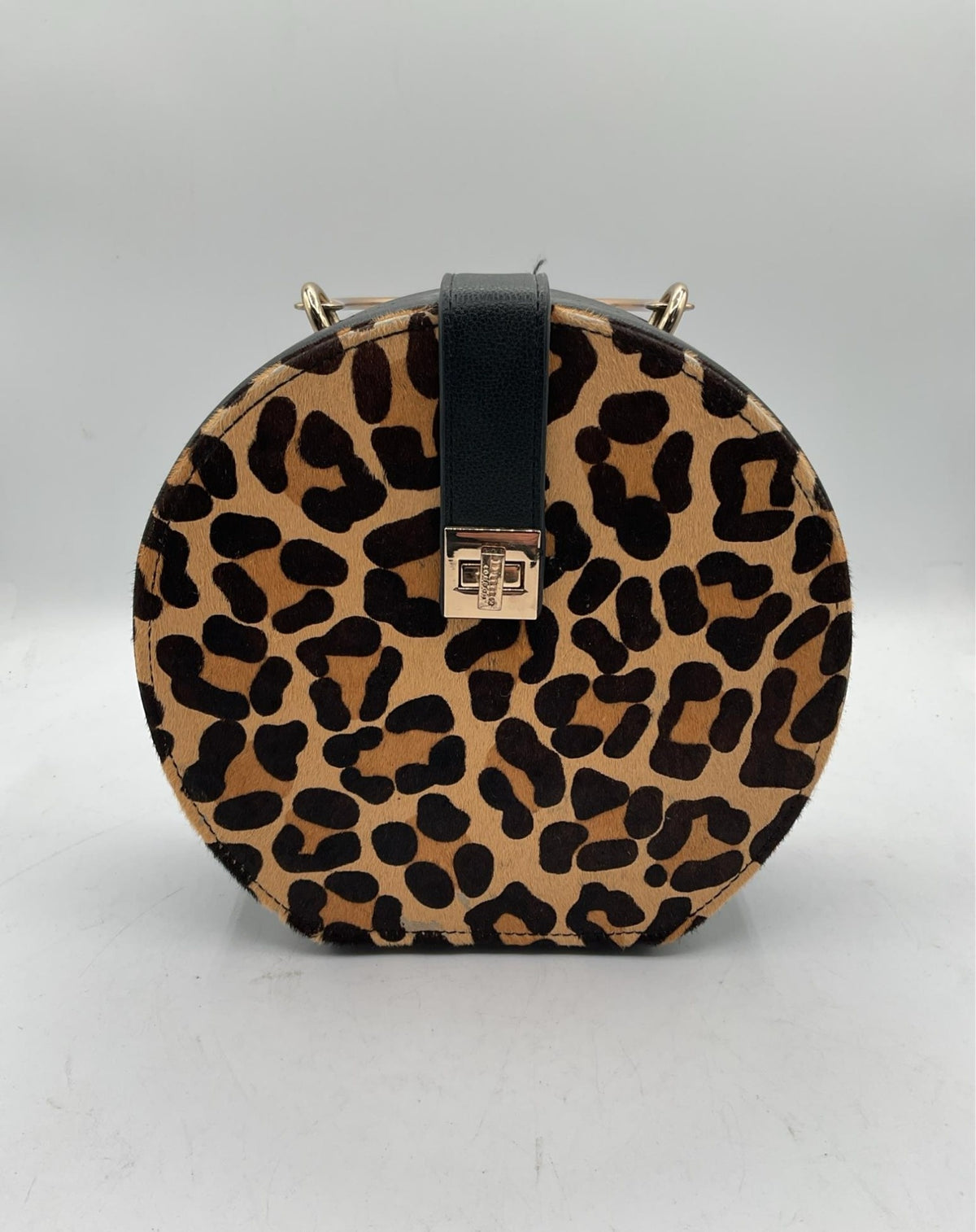Round leopard print crossbody handbag with black strap, view 6