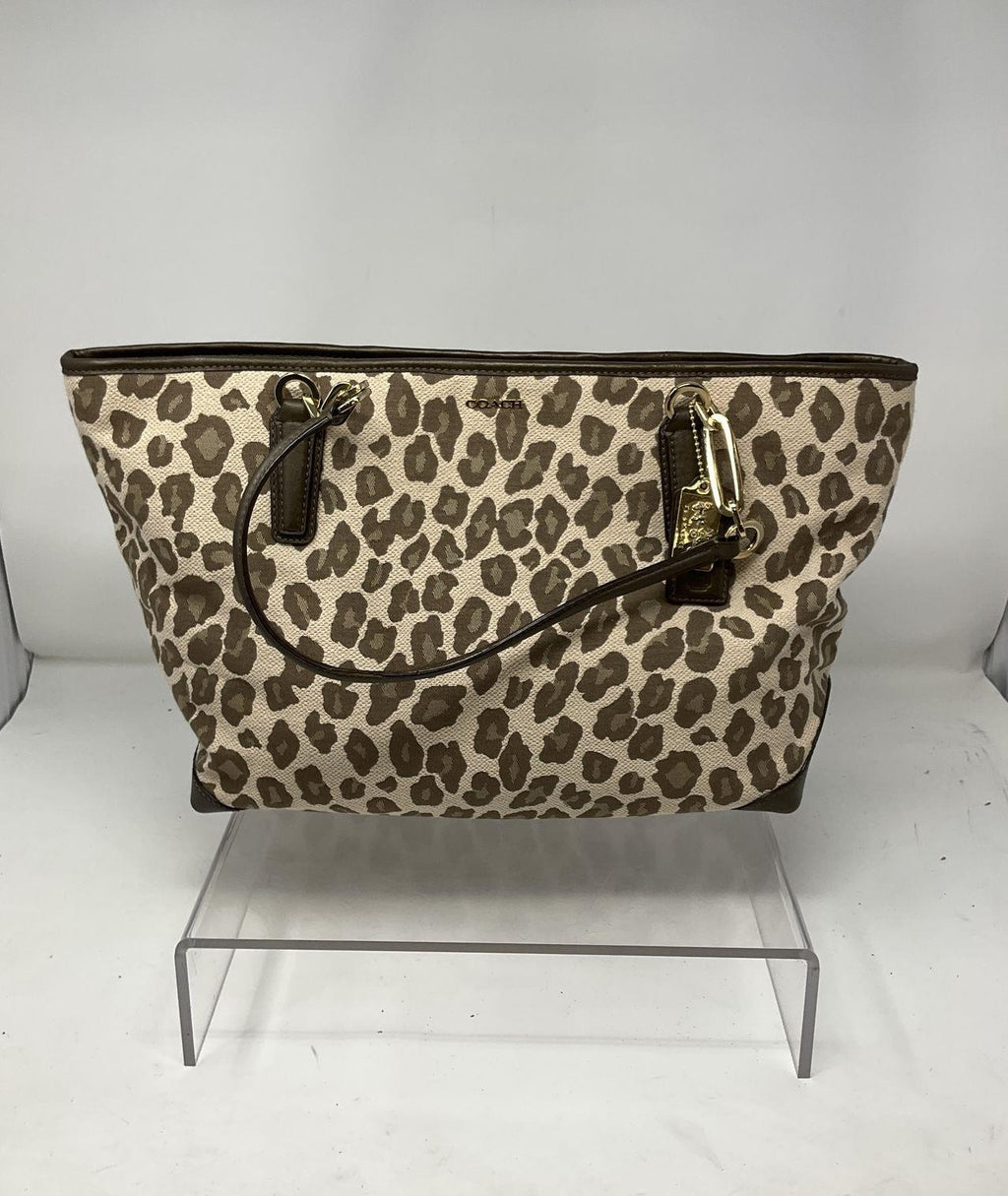 Coach Ocelot Leopard Jacquard Tote Bag Natural Brown Leather Trim Shoulder Shopper