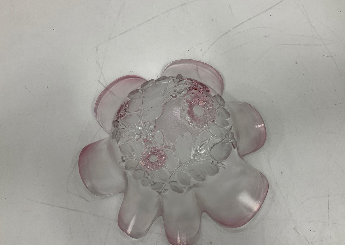 Vintage Pink Swirl Art Glass Flower Bowl Ruffled Petal Centerpiece Dish
