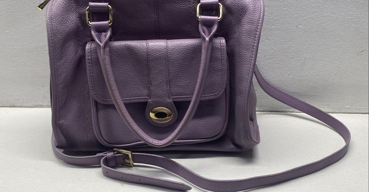 Ora Delphine purple pebbled leather satchel with crossbody strap and gold hardware, view 4