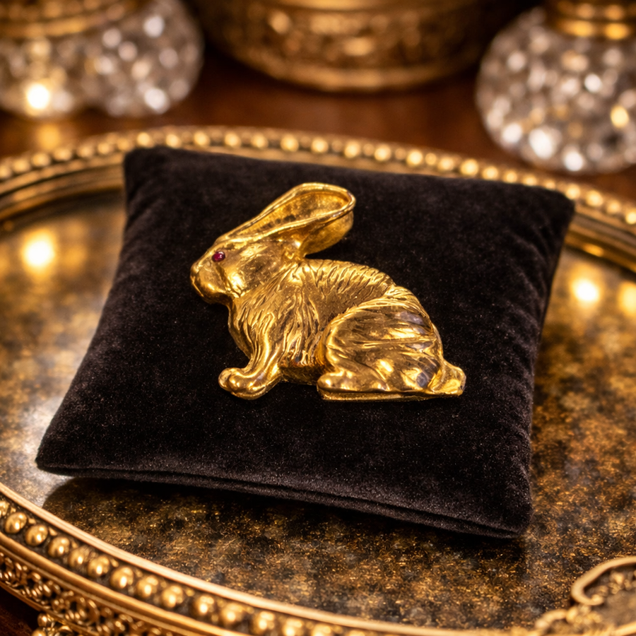 Gold-tone rabbit brooch in profile with textured fur and red eye