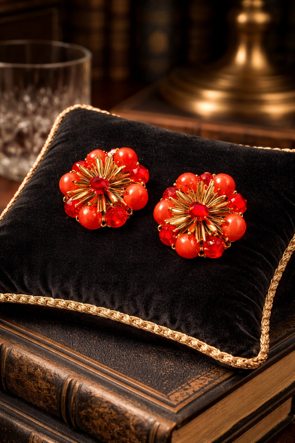 Gold-tone cluster clip earrings with red beads and faceted crystal accents
