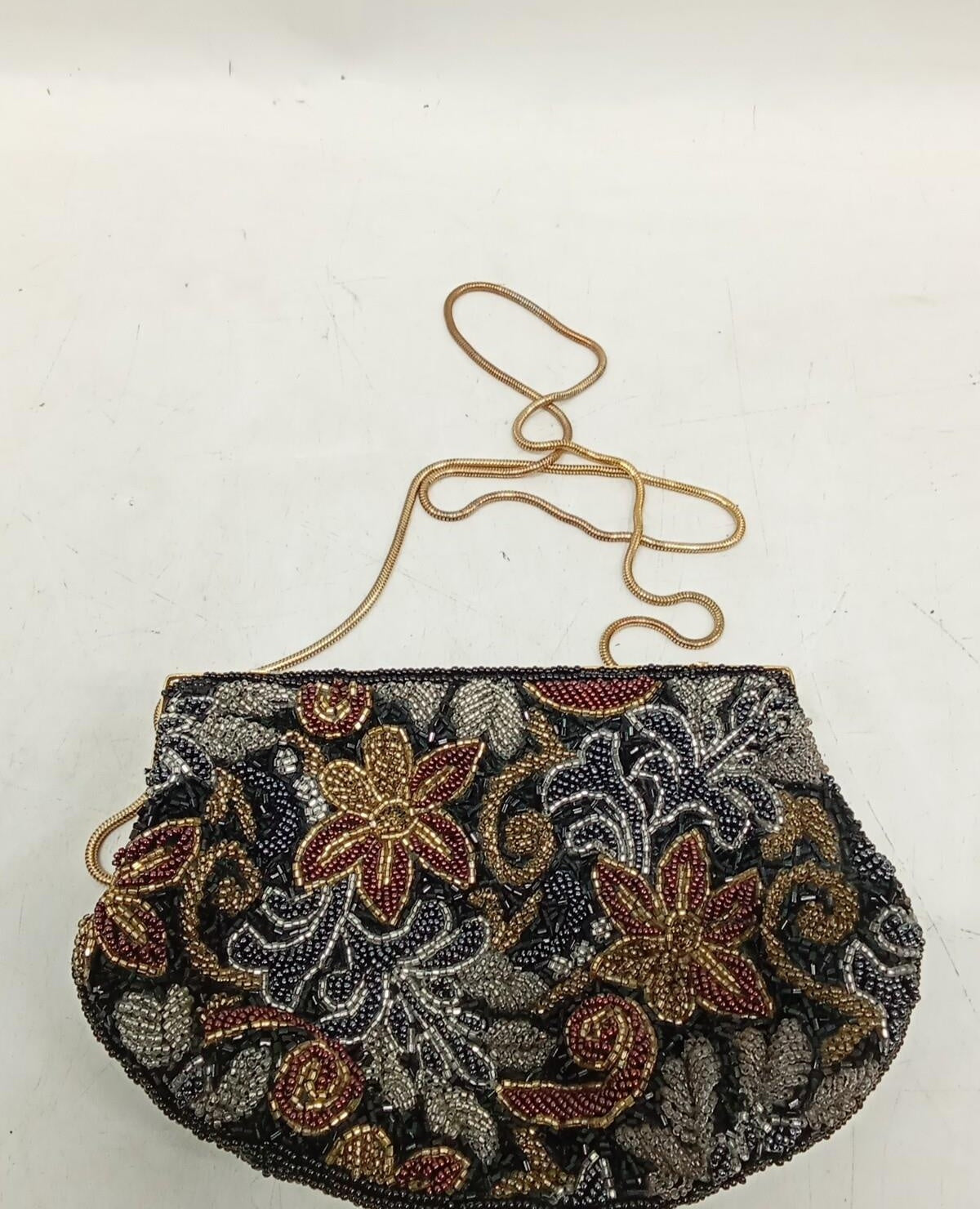 Carolyne Barton Beaded Evening Bag with Floral Design | 8" Vintage-Style Chain Clutch