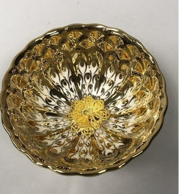 Two small peacock-style gold, silver and multicolor metallic ceramic cups in decorative box, view 6