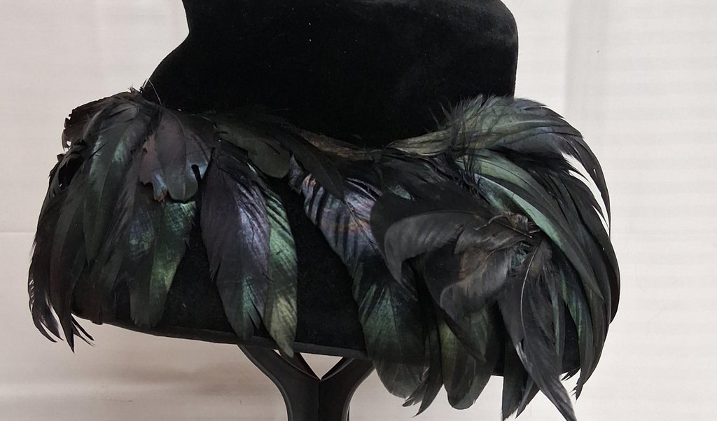 (SOLD) Vintage Jan Leslie Custom Design Black Velvet Hat with Feather Trim