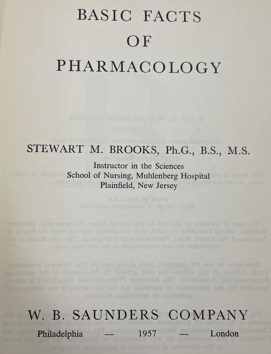 Basic Facts of Pharmacology by Stewart M. Brooks (circa 1957 Hardcover)