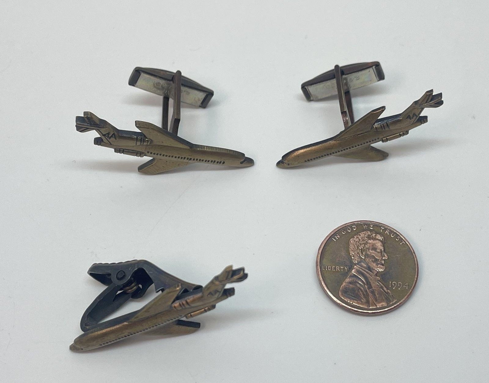 Bronze Tone Airplane Cufflinks and Tie Clip Set 13.5g