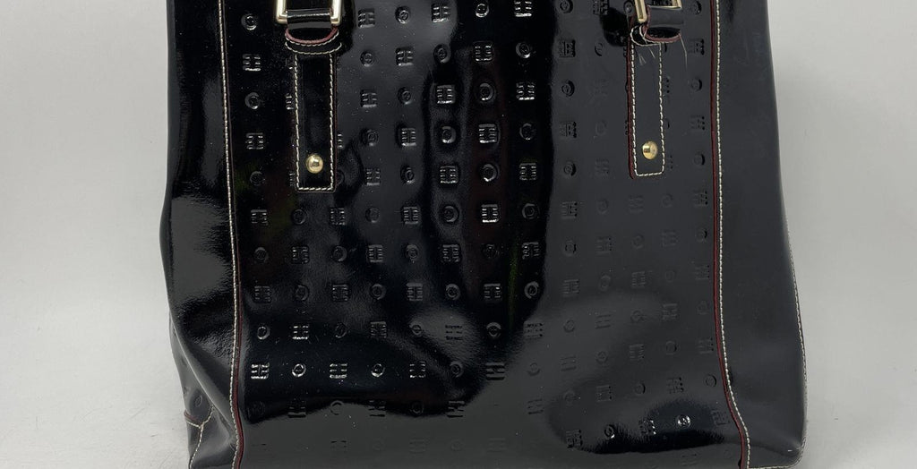 Arcadia Black Patent Leather Shoulder Bag, Embossed Designer Tote with Interior Pockets