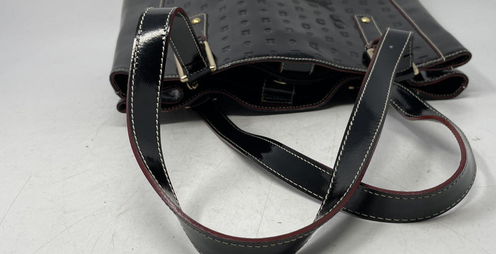 Arcadia Black Patent Leather Shoulder Bag, Embossed Designer Tote with Interior Pockets