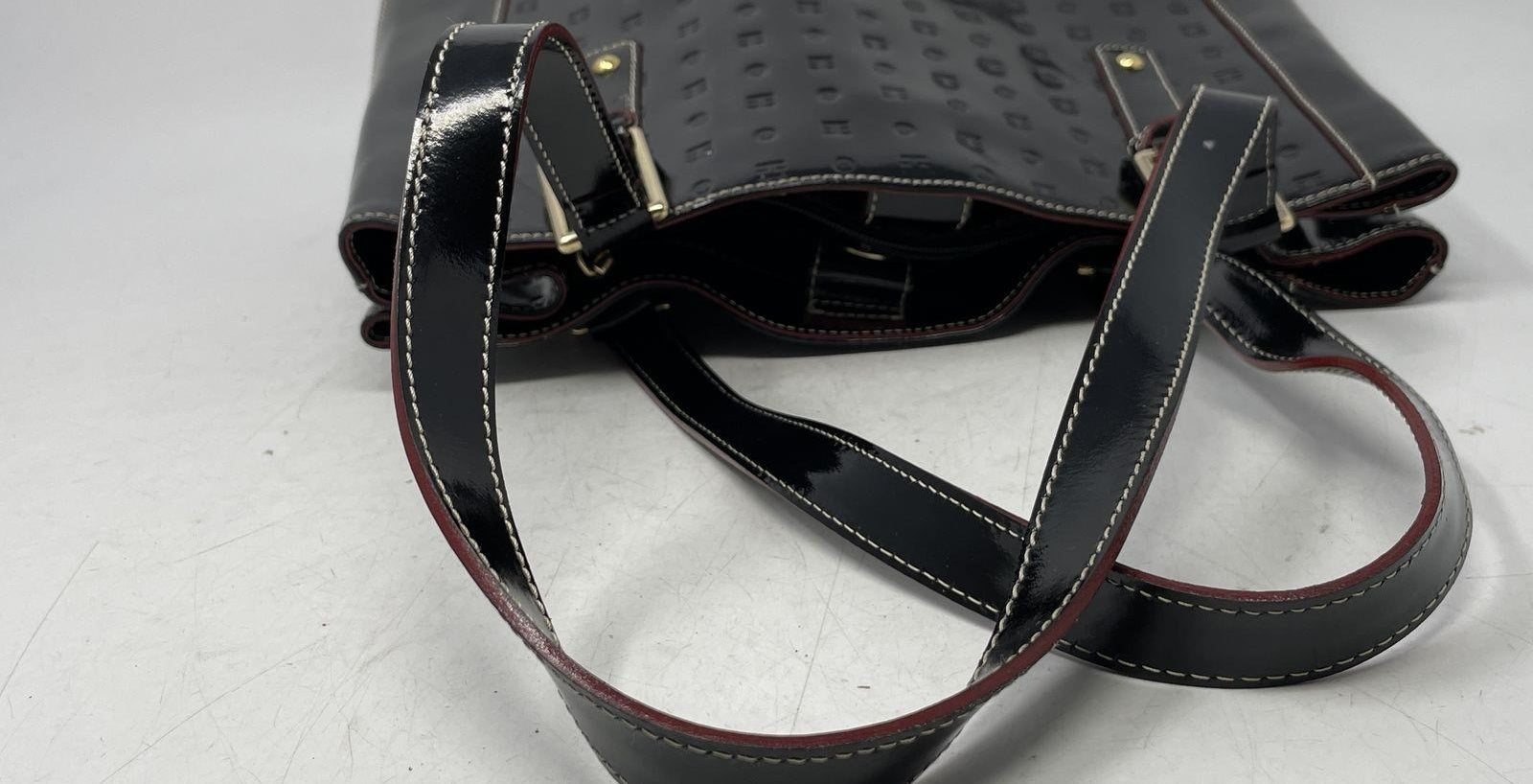 Arcadia Black Patent Leather Shoulder Bag, Embossed Designer Tote with Interior Pockets