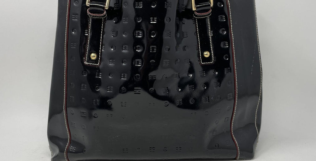 Arcadia Black Patent Leather Shoulder Bag, Embossed Designer Tote with Interior Pockets