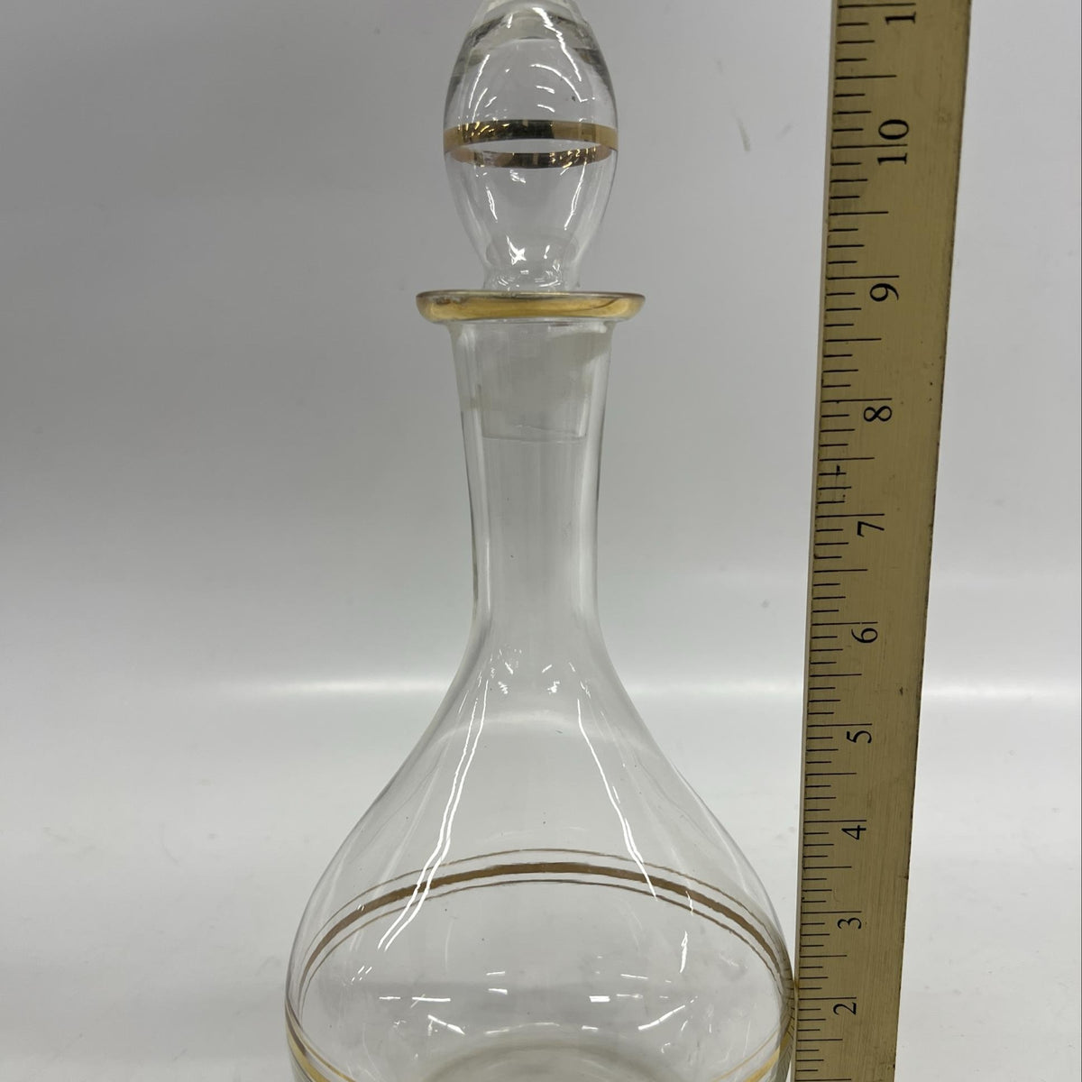 Glass Decanter with Gold Accent Bands and Stopper