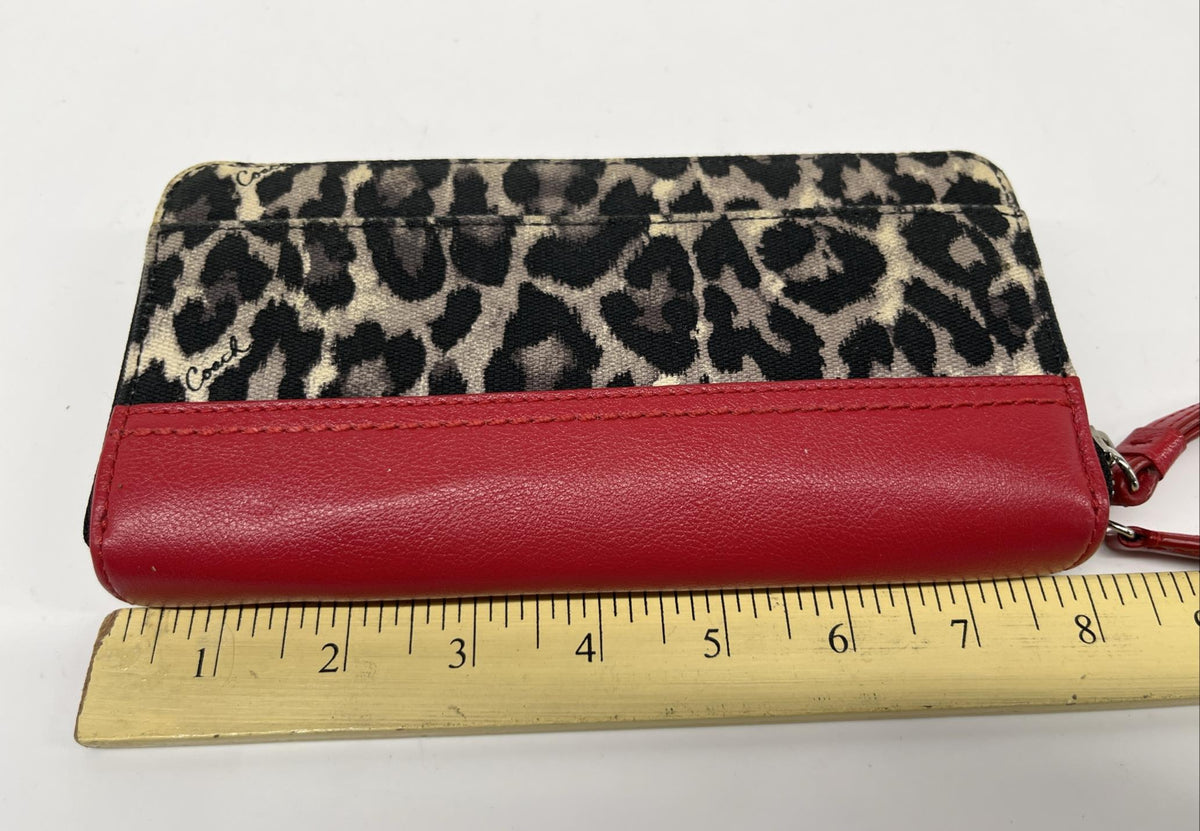 Coach red leather and leopard print zip-around wristlet wallet, view 6
