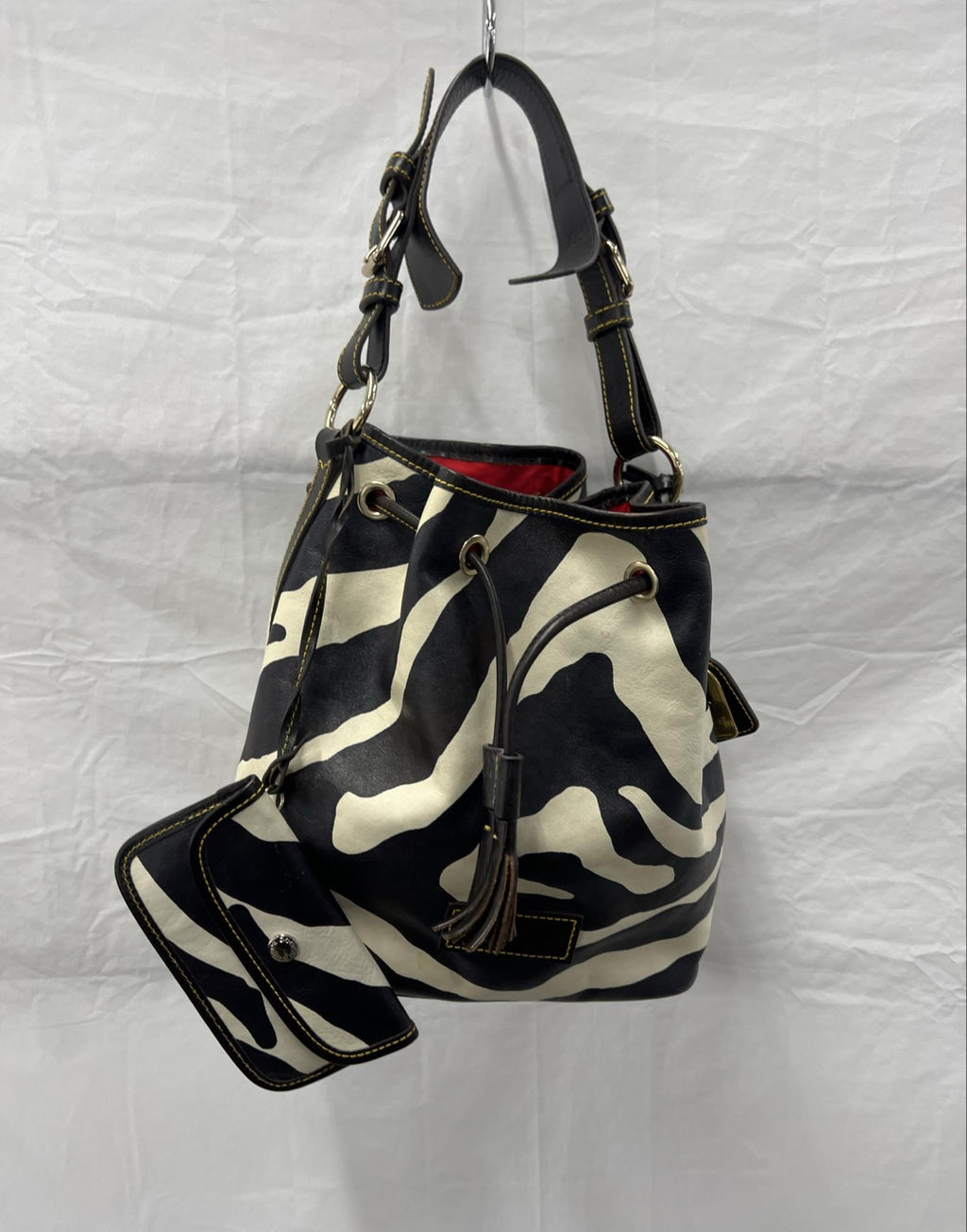 Dooney and Bourke Zebra Print Bucket Bag with Red Interior, Animal Print Shoulder Hobo Purse