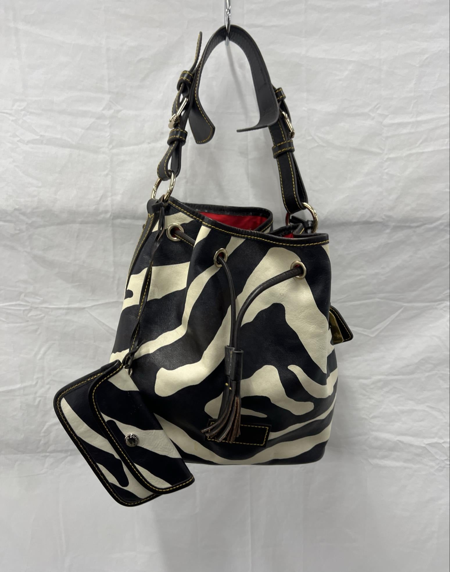 Dooney and Bourke Zebra Print Bucket Bag with Red Interior, Animal Print Shoulder Hobo Purse