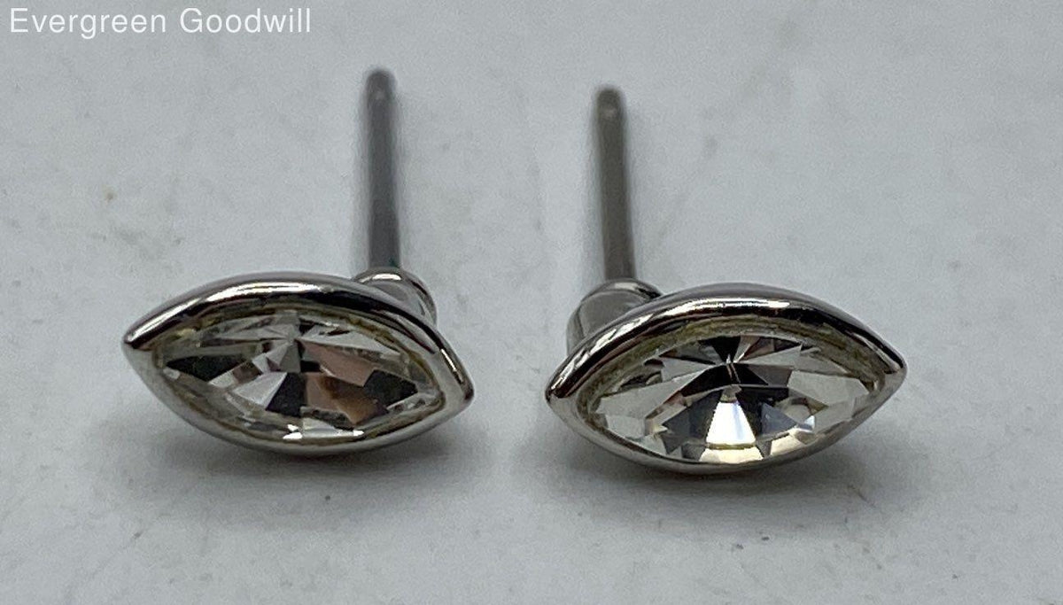 Givenchy White Marquise Rhinestone Silver Tone Stud Earrings