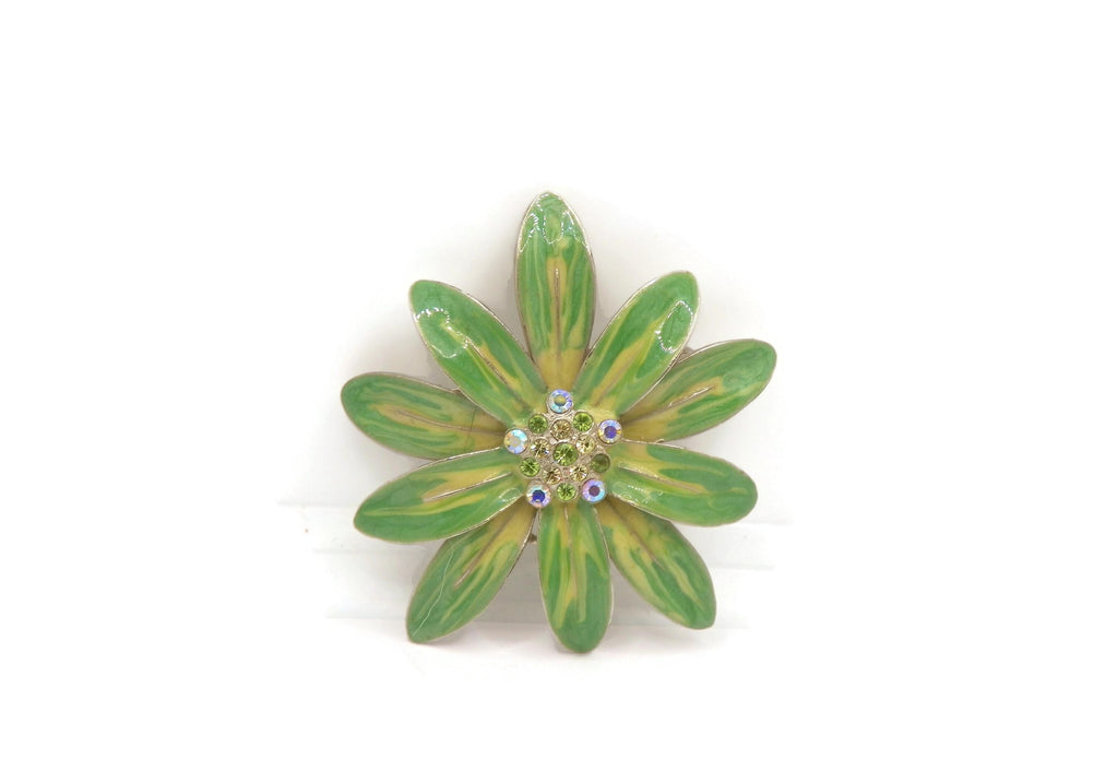 Large Green Metal Flower Brooch with Rhinestone Center, Vintage Botanical Statement Pin