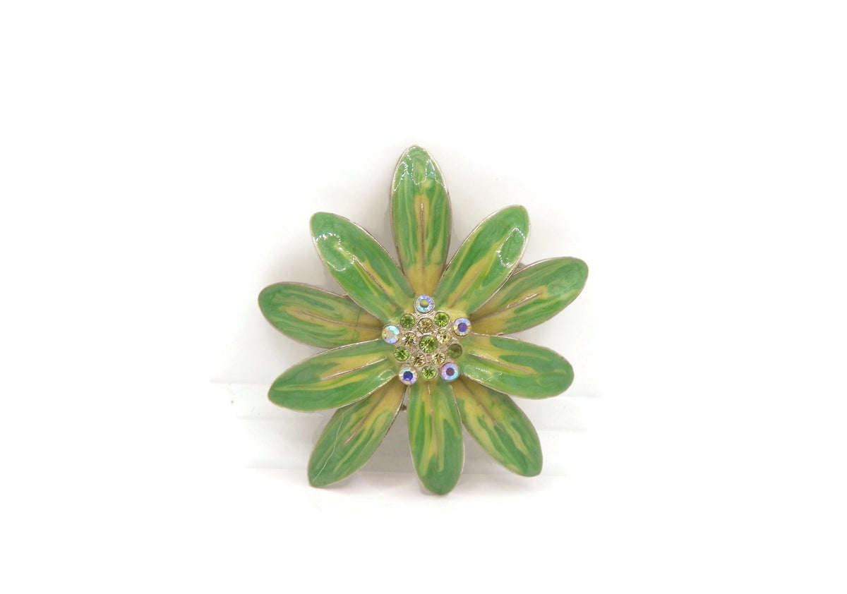 Large green metal flower brooch with rhinestone center, view 2
