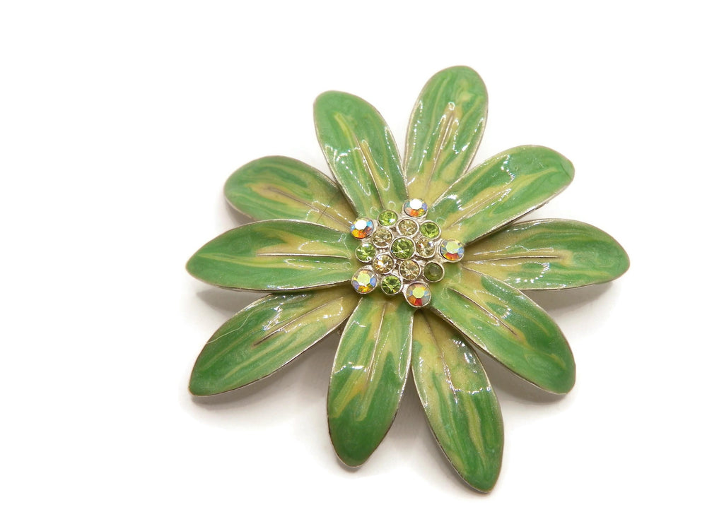 Large Green Metal Flower Brooch with Rhinestone Center, Vintage Botanical Statement Pin