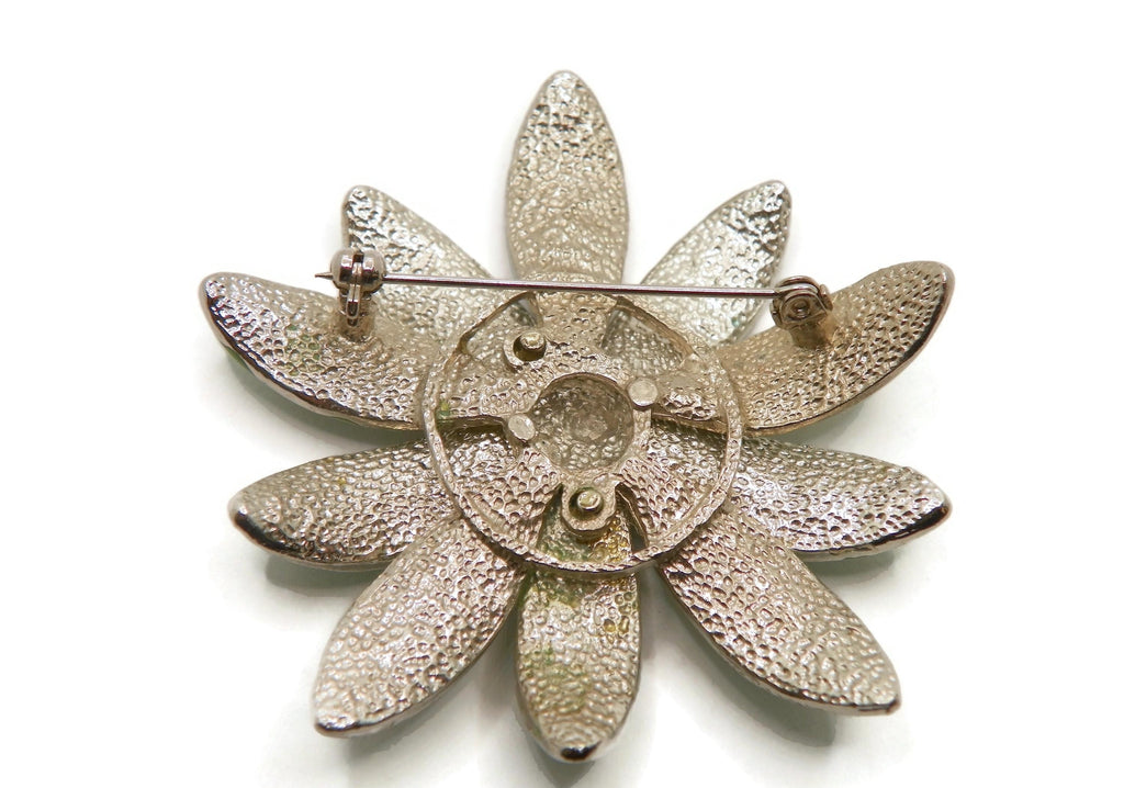 Large Green Metal Flower Brooch with Rhinestone Center, Vintage Botanical Statement Pin