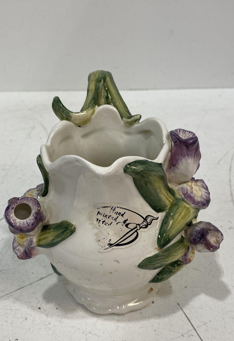 Kaldun and Bogle white ceramic creamer with raised iris flowers and green leaves, view 6