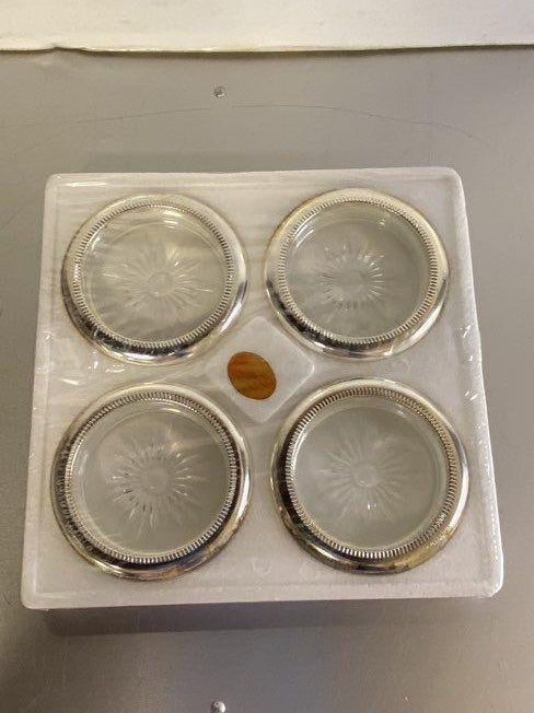 Leonard Vintage Crystal and Silver Coaster Set of 4