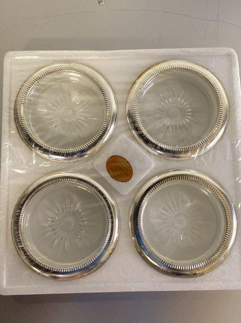 Leonard Vintage Crystal and Silver Coaster Set of 4