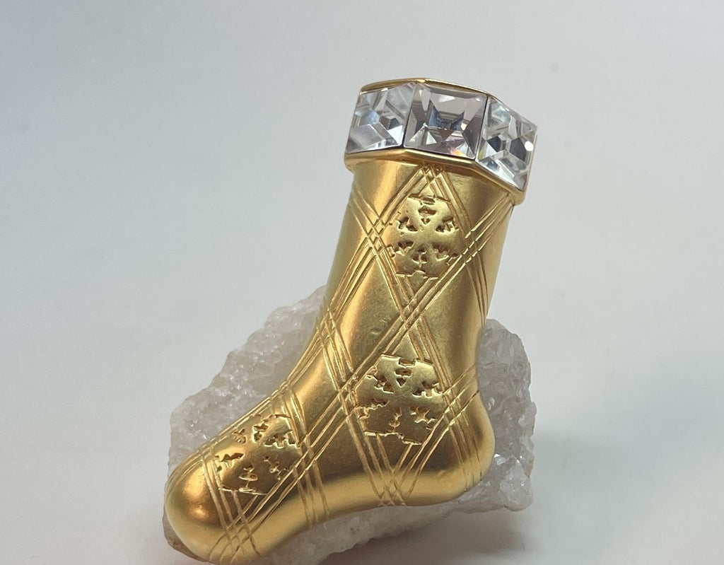 1980s–1990s Monet Gold Tone Rhinestone Snowflake Stocking Christmas Brooch