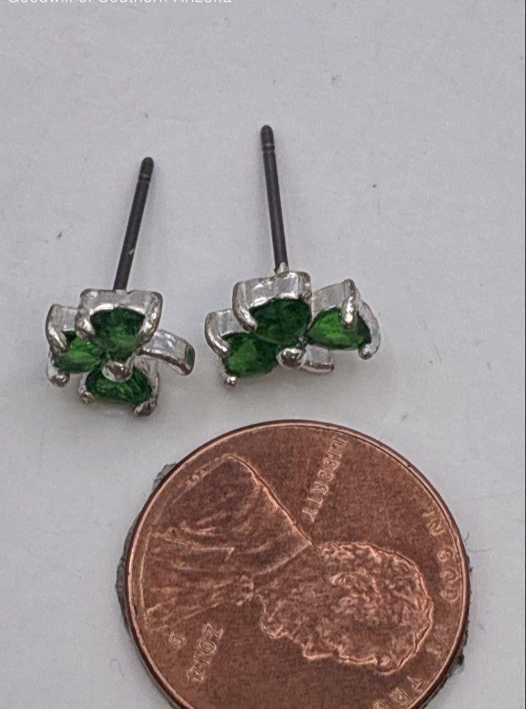 AGE REVIEW Silver Tone Green CZ Clover Earrings