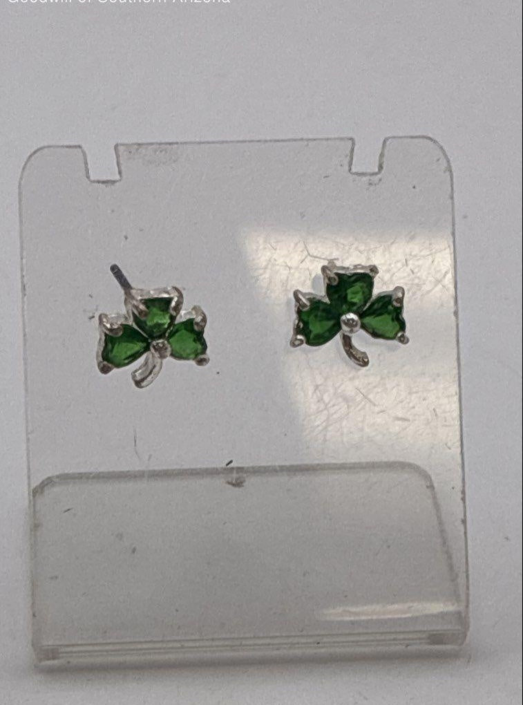 AGE REVIEW Silver Tone Green CZ Clover Earrings