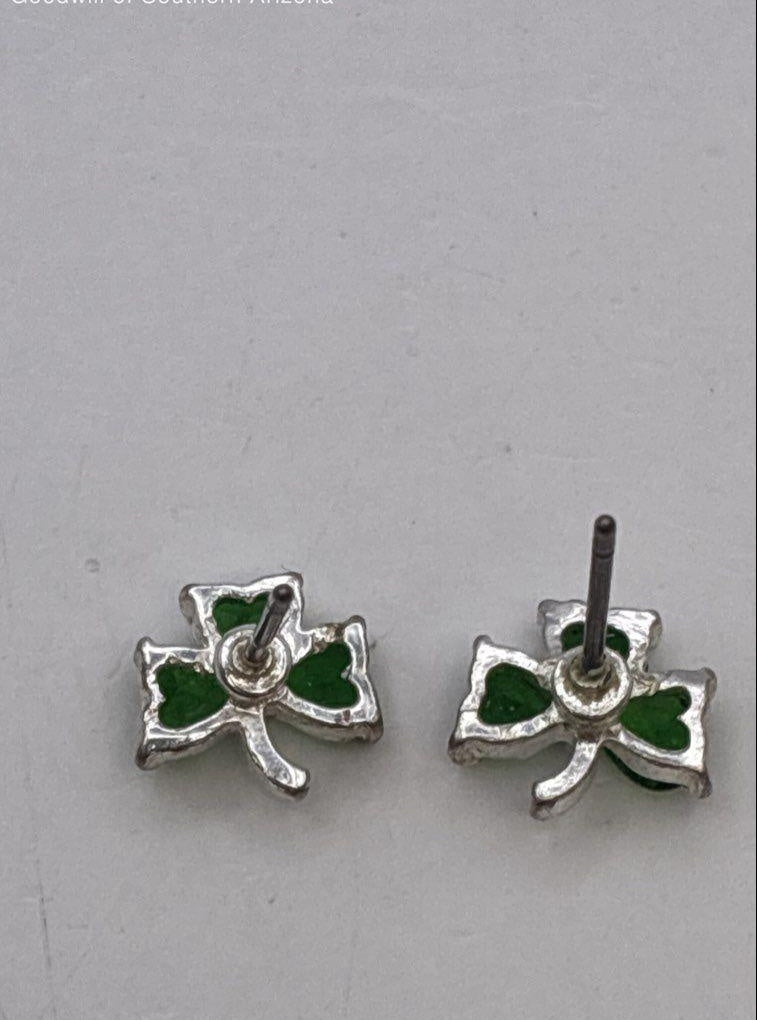AGE REVIEW Silver Tone Green CZ Clover Earrings