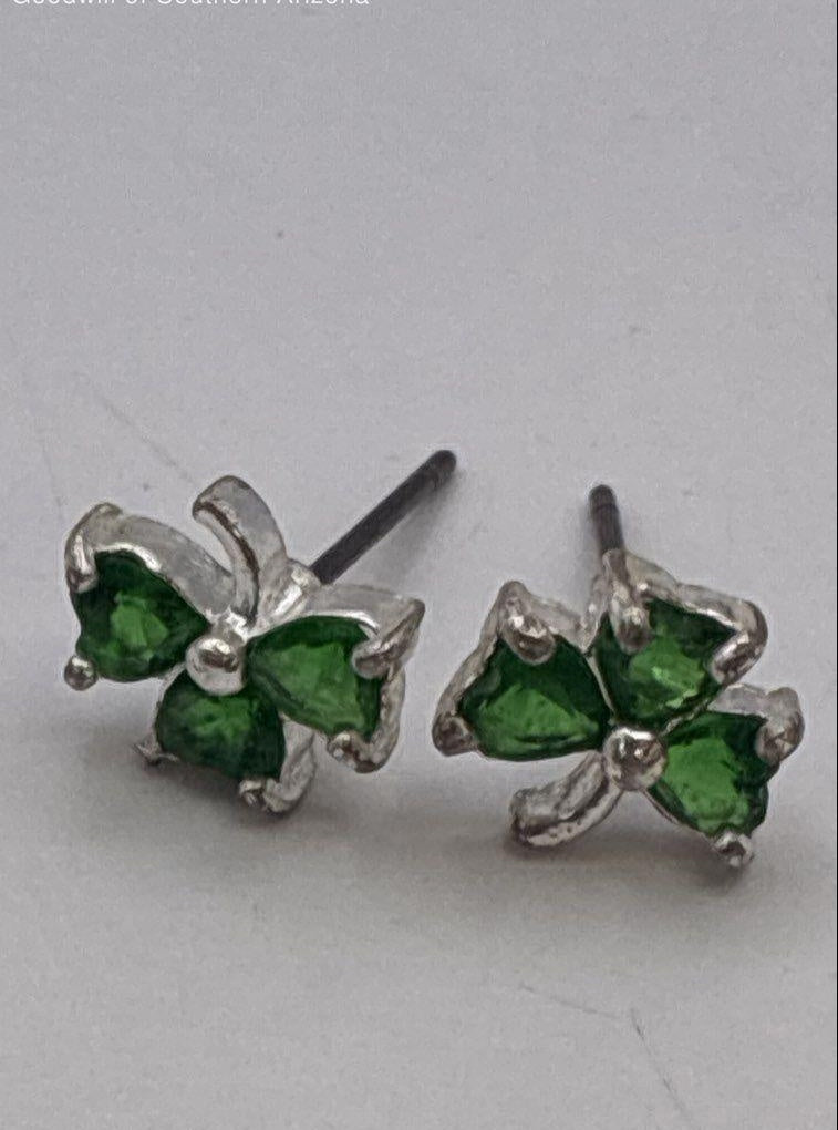 AGE REVIEW Silver Tone Green CZ Clover Earrings