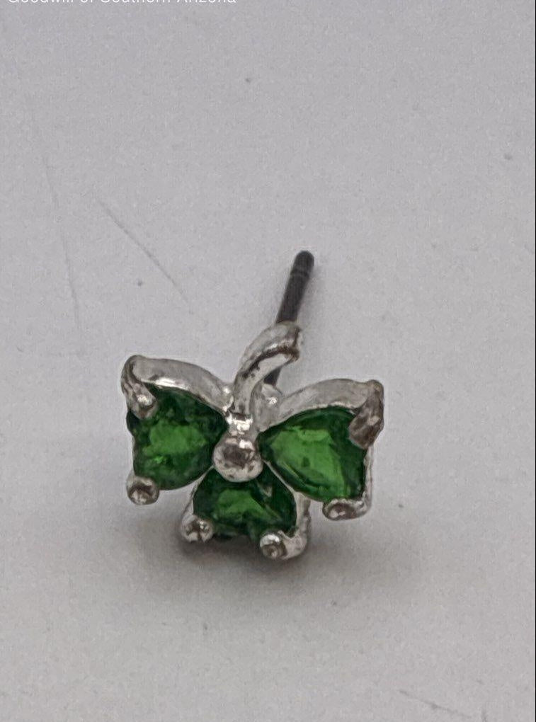 AGE REVIEW Silver Tone Green CZ Clover Earrings