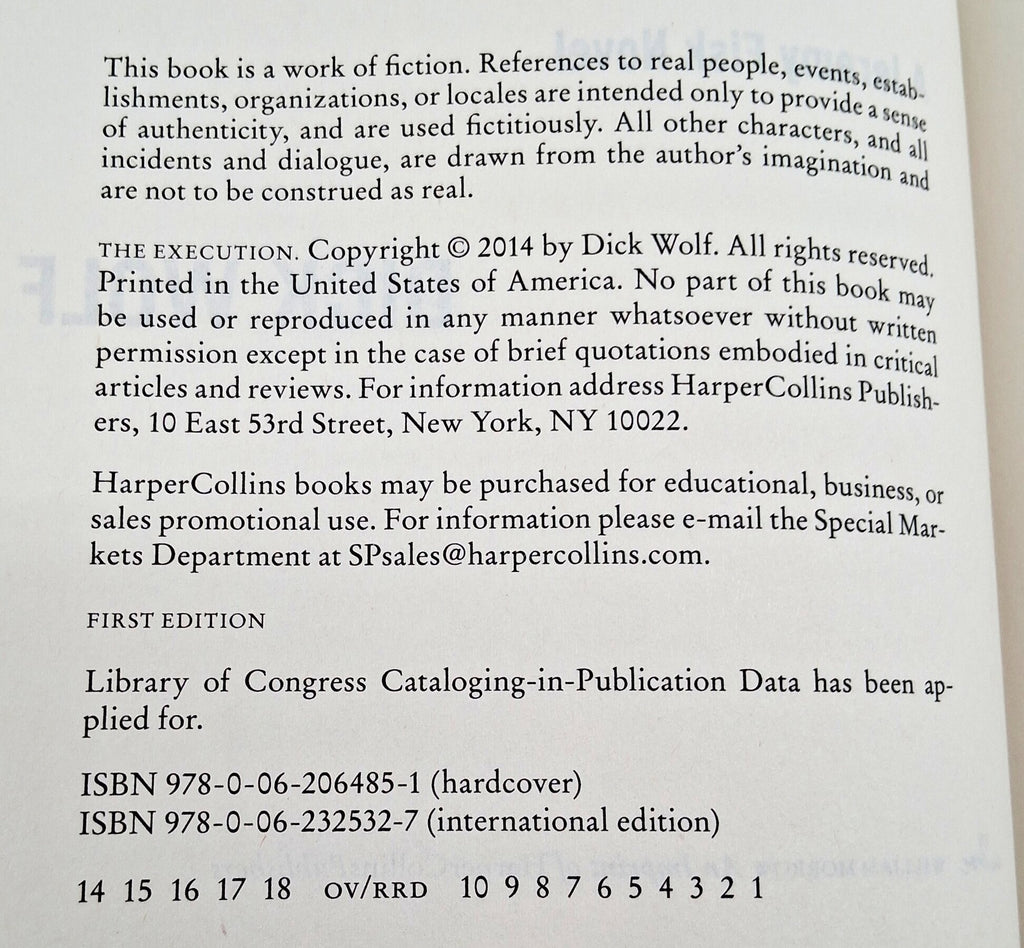 The Execution by Dick Wolf Signed by Dick Wolf First Edition 2014 Hardcover with Dust Jacket (Fixes)