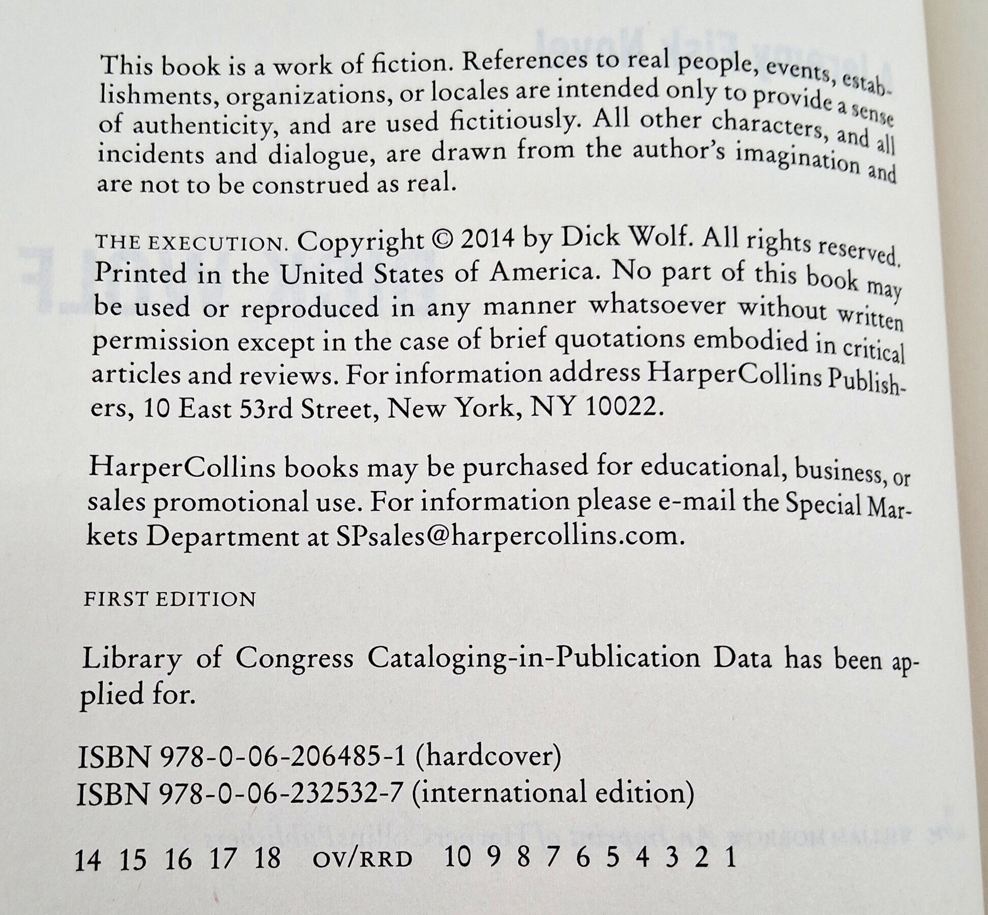 The Execution by Dick Wolf Signed by Dick Wolf First Edition 2014 Hardcover with Dust Jacket (Fixes)